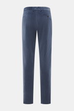 Berwich Corduroy pants 'Retrolong' grey blue shown from the back, made of soft cotton and cashmere corduroy with regular tapered fit, zipper and waistband buttons, extended button flap, single waistband pleat, piped hip pockets, welt back pockets, and ope