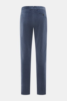 Berwich Corduroy pants 'Retrolong' grey blue shown from the back, made of soft cotton and cashmere corduroy with regular tapered fit, zipper and waistband buttons, extended button flap, single waistband pleat, piped hip pockets, welt back pockets, and ope