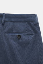 Berwich Corduroy pants 'Retrolong' grey blue shown from a close-up top rear view, featuring cotton and cashmere corduroy, soft feel, regular fit, tapered design, zipper, waistband buttons, extended button flap, single waistband pleat, piped hip pockets, w