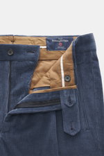 Close-up front view of Berwich Corduroy pants 'Retrolong' grey blue showing cotton and cashmere corduroy fabric, zipper, waistband buttons, and inner lining. The 'Retrolong' corduroy pants by BERWICH show how casual elegance can look with their distinctiv