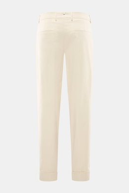 Berwich Chino 'Chiaia' creme, Rückansicht, knöchellang, sehr schmal zulaufend, Twill-Baumwolle, Tapered Fit, Bundknöpfe, Taschen seitlich und hinten.