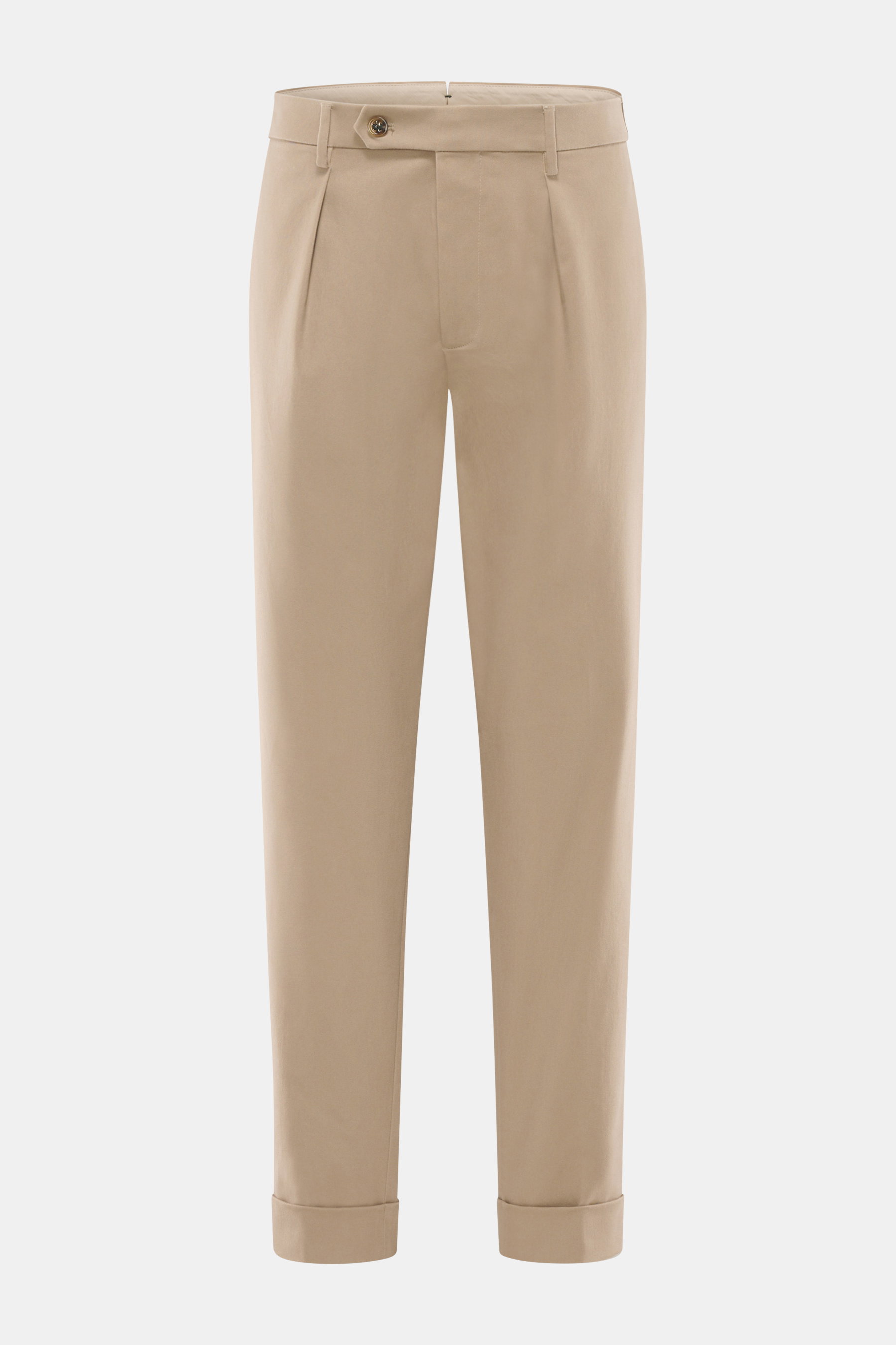 Berwich Chino 'Chiaia' taupe, frontale Nahaufnahme, knöchellange Baumwollhose mit Tapered Fit, glattem Griff, Bundknopf, Reißverschluss, Bundfalte, Saumaufschlag.