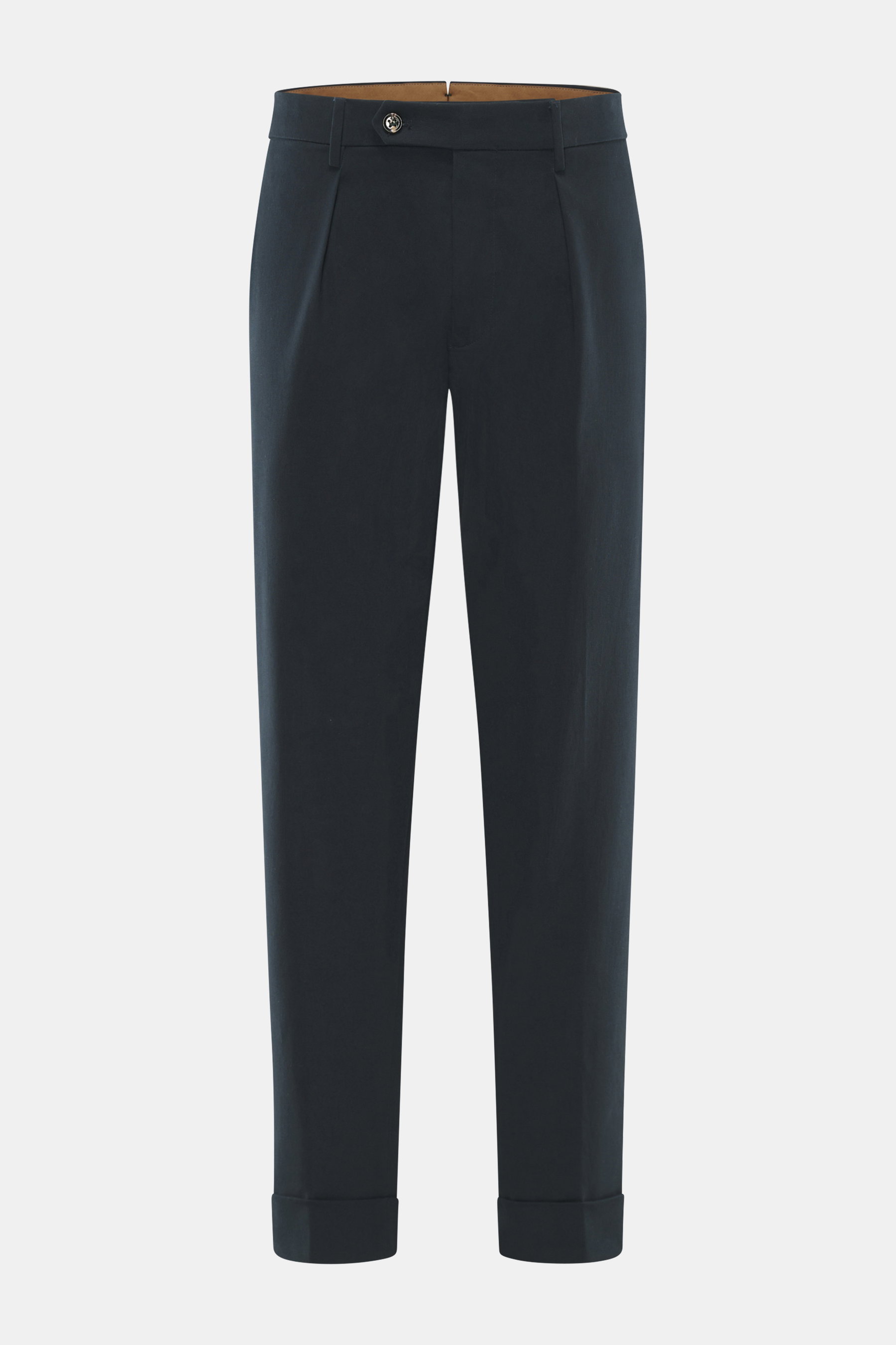 Berwich Chino 'Chiaia' navy, frontale Ansicht, knöchellang, Tapered Fit, Baumwoll-Twill, leicht elastisch, Bundknöpfe, einfache Bundfalte, Saumaufschlag.