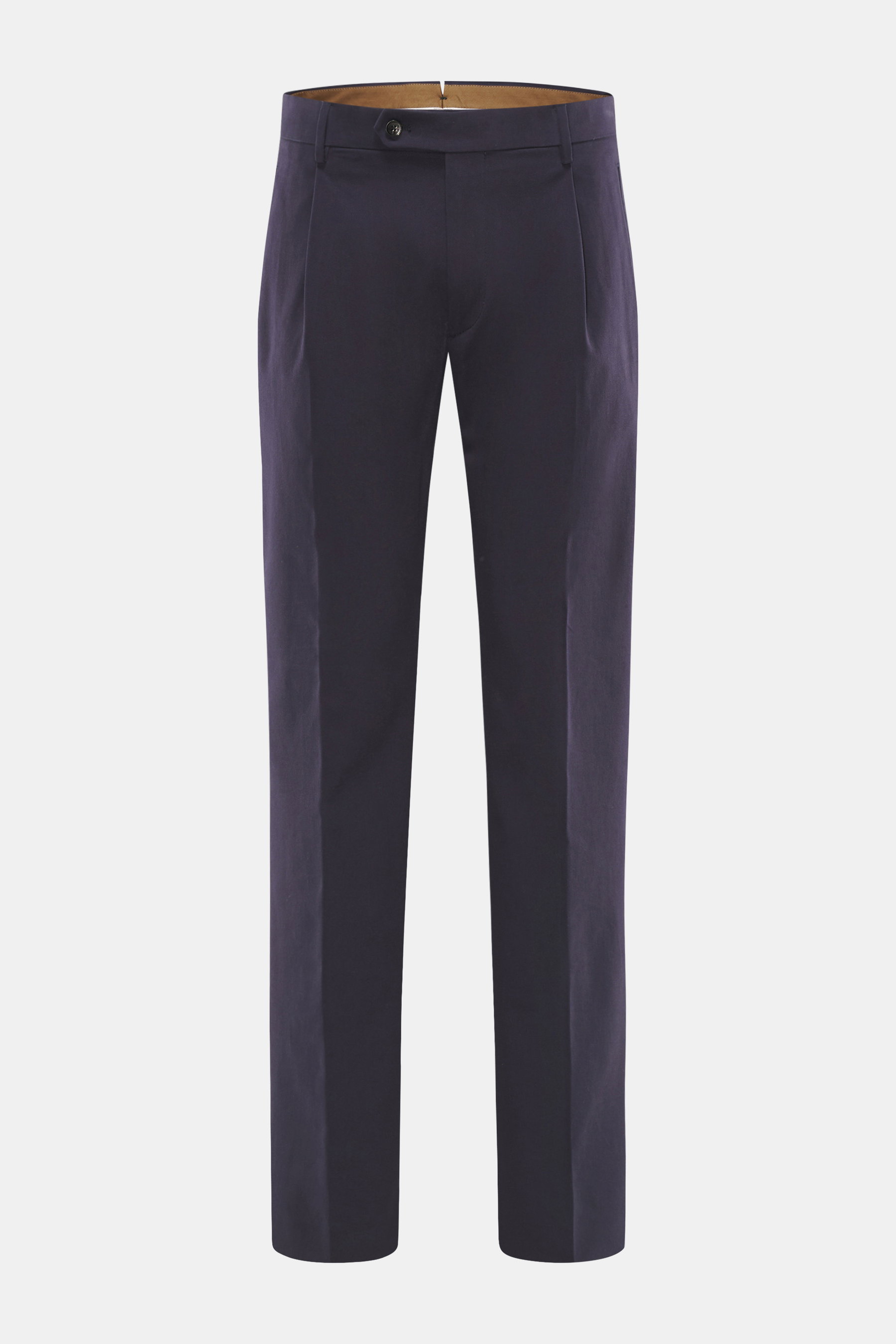 Berwich Baumwollhose 'Retrolong' navy, frontale Nahaufnahme, Regular Fit, feiner Baumwoll-Twill, elastisch, Bundknöpfe, Knopfriegel, leichte Bundfalte, Taschen.