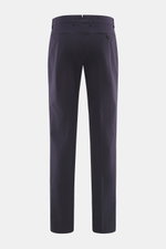Berwich Baumwollhose 'Retrolong' navy, Rückansicht, Regular Fit, leichte Baumwolle mit Elastan, paspelierte Taschen, schmal zulaufend, offene Saumlänge.