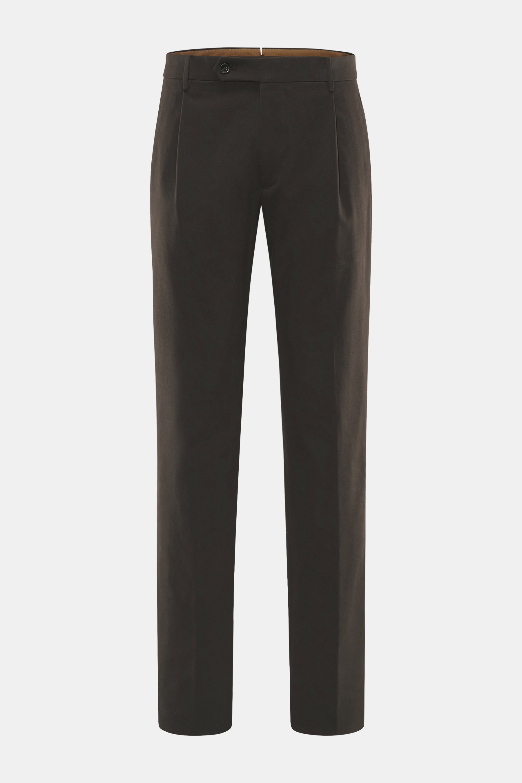 Berwich Baumwollhose 'Retrolong' dunkelbraun im Regular Fit, aus feinem Twill, elastisch, mit Reißverschluss, Bundknöpfen, Bundfalte, Taschen, frontal fotografiert.