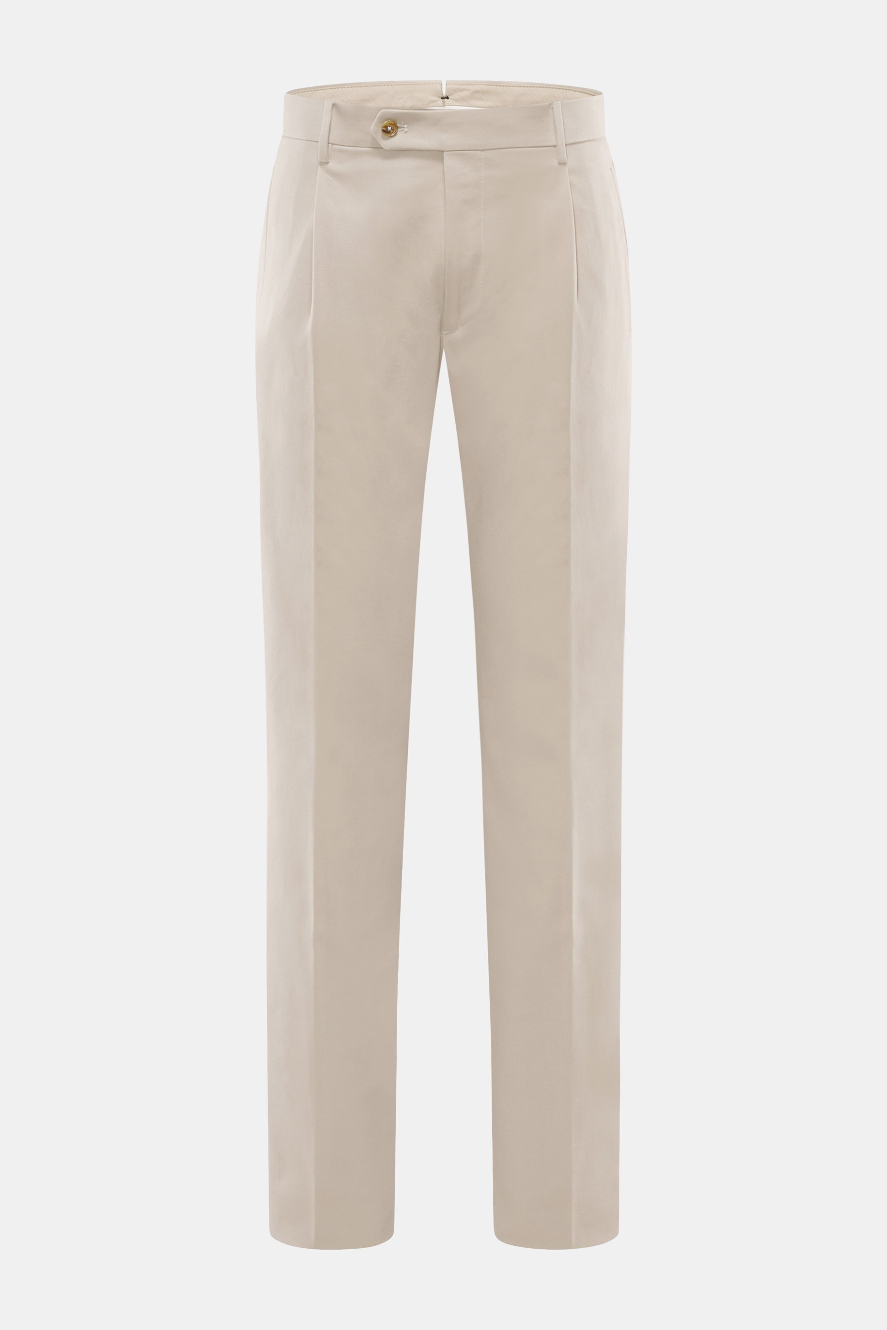 Berwich Baumwollhose 'Retrolong' sand, frontale Nahaufnahme, Regular Fit, feiner Baumwolltwill, elastisch, Bundknöpfe, Knopfriegel, Taschen, offene Saumlänge.