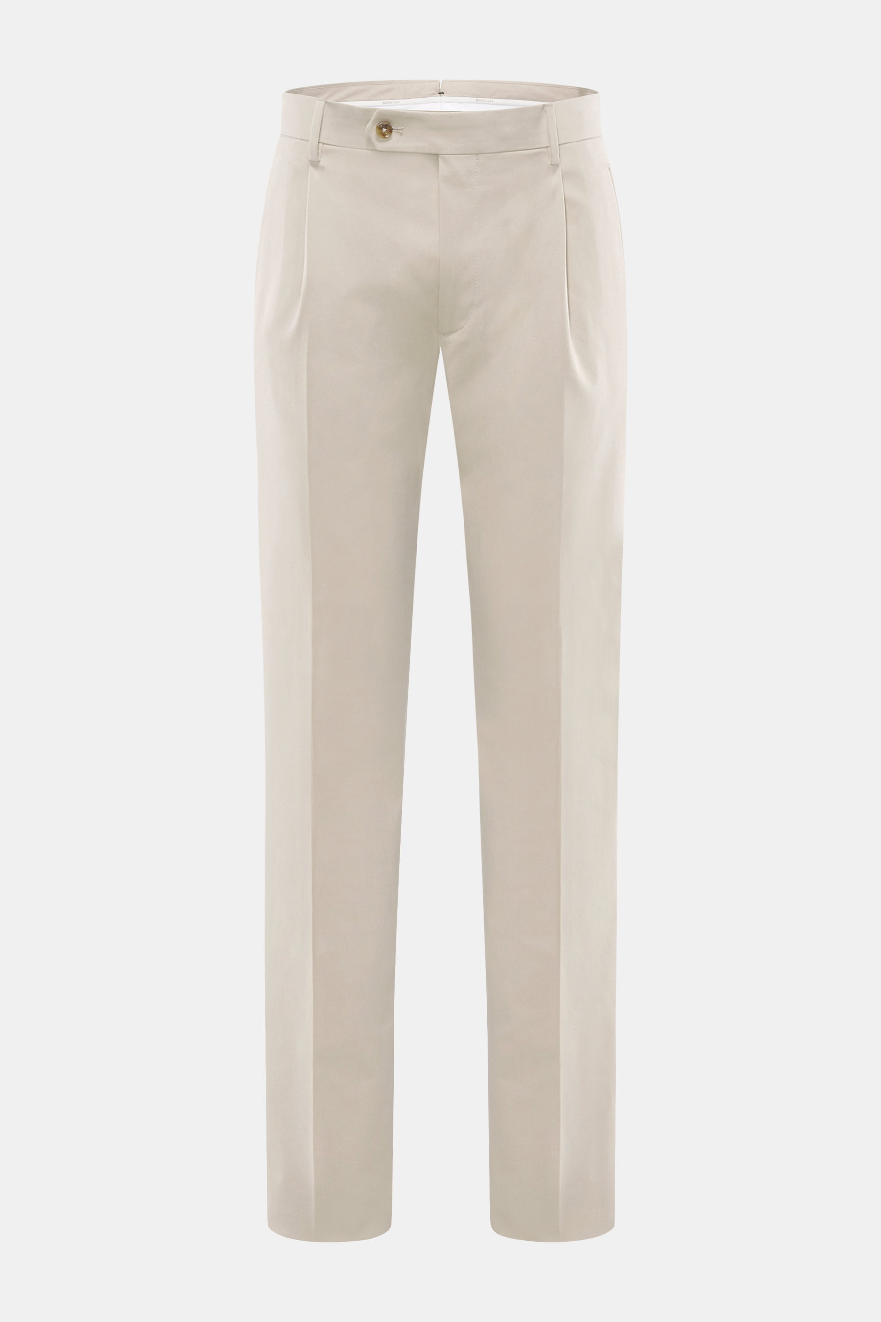 Berwich Baumwollhose 'Retrolong' beige, frontale Nahaufnahme, Regular Fit, feiner Baumwoll-Twill, elastisch, Bundknopf, Knopfriegel, Bundfalte, Taschen.