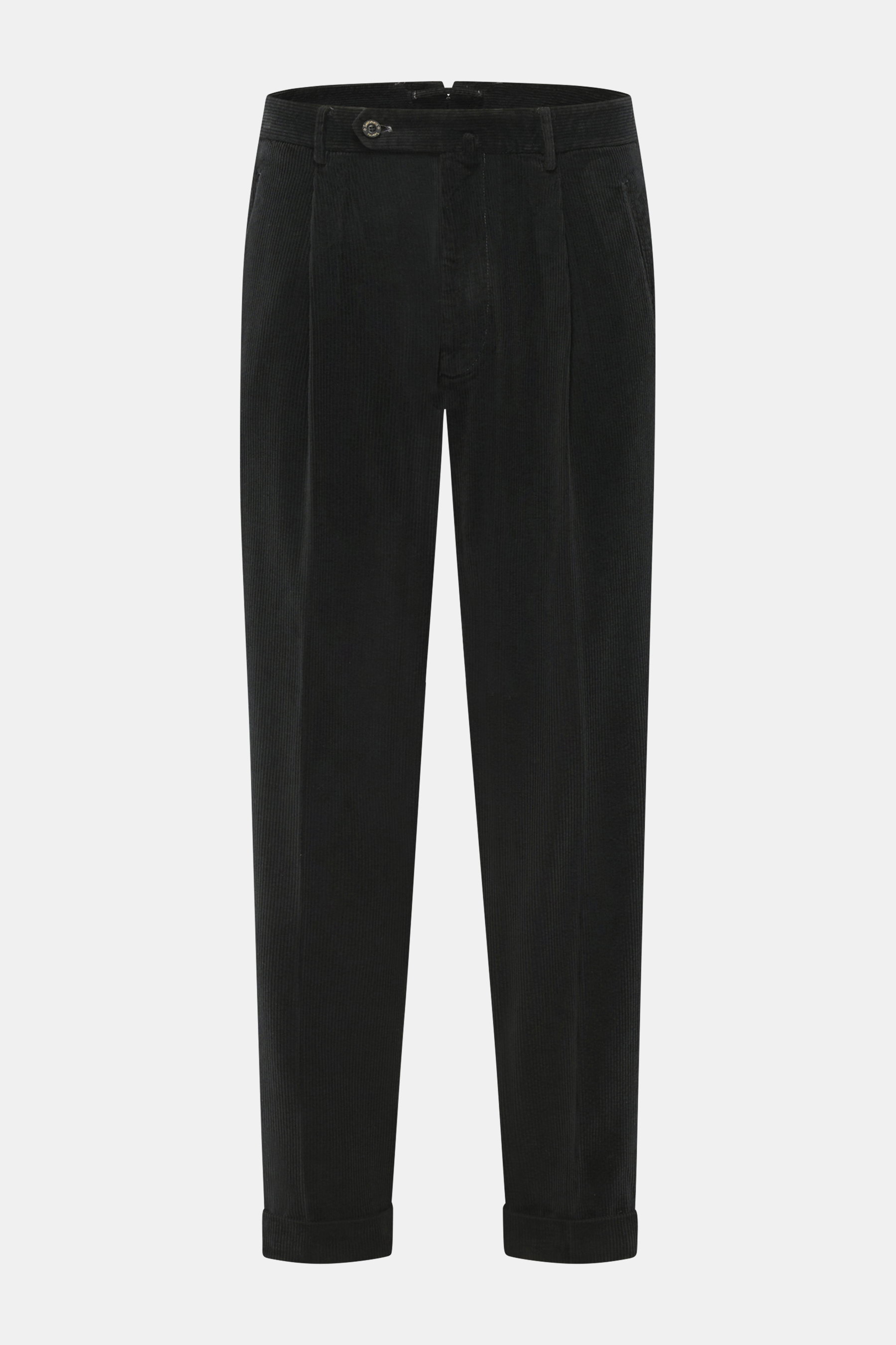 Santaniello Cordhose 'Arsenio' schwarz, frontale Ansicht, knöchellang, schmal zulaufend, Mix aus Baumwolle und Cashmere, weicher Griff, Tapered Fit, reguläre Oberschenkelweite, Reißverschluss, Bundknöpfe, einfache Bundfalte, paspelierte Hüft- und Gesäßtas