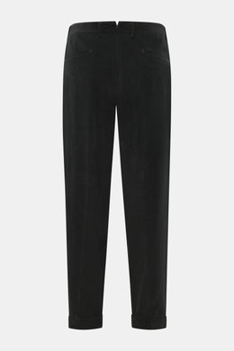 Rückansicht der Santaniello Cordhose 'Arsenio' schwarz, knöchellang, tapered Fit, Baumwoll-Cashmere-Mix, weicher Griff, Bundknöpfe, Reißverschluss, paspelierte Taschen, fixierter Saumaufschlag.
