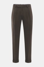 Santaniello Chino 'Camerota' dark brown shown from the front, ankle-length tapered fit with single pleat, soft elastic cotton twill.