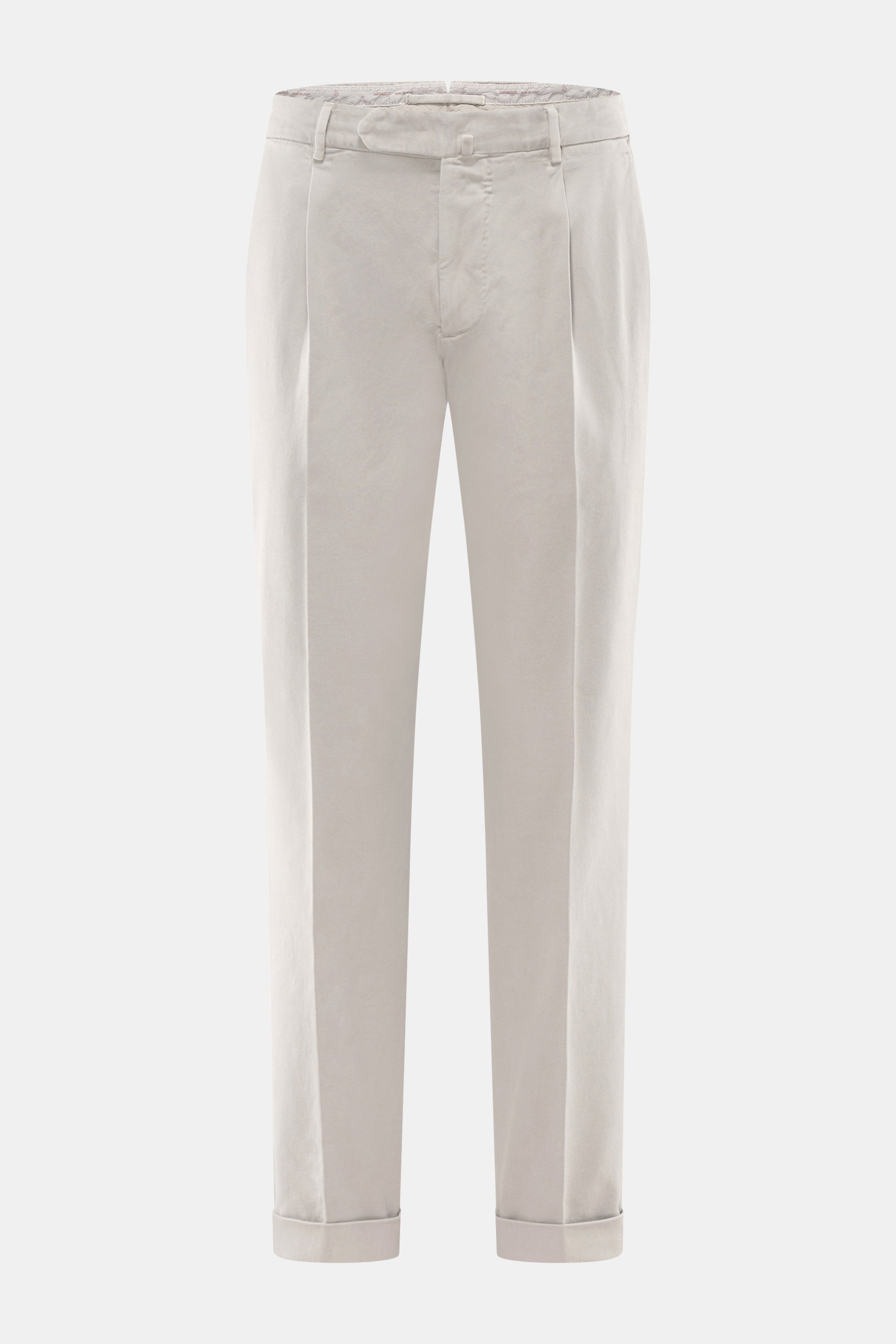 Santaniello Chino 'Camerota' light grey shown from the front, ankle-length tapered fit with single pleat, zipper, buttons, and cuffed hem.
