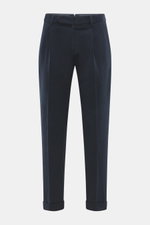 Santaniello Chino 'Camerota' navy shown from front, ankle-length tapered fit in soft elastic cotton twill with single pleat, French and back buttoned flap pockets.