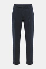 Santaniello Chino 'Camerota' navy shown from front, ankle-length tapered fit in soft elastic cotton twill with single pleat, French and back buttoned flap pockets.