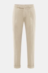 Santaniello Chino 'Camerota' beige shown from front, ankle-length beige chinos in soft elastic cotton twill with single waistband pleat, tapered fit, French and back buttoned flap pockets, zipper and waistband buttons, fixed hem cuff, and regular thigh wi