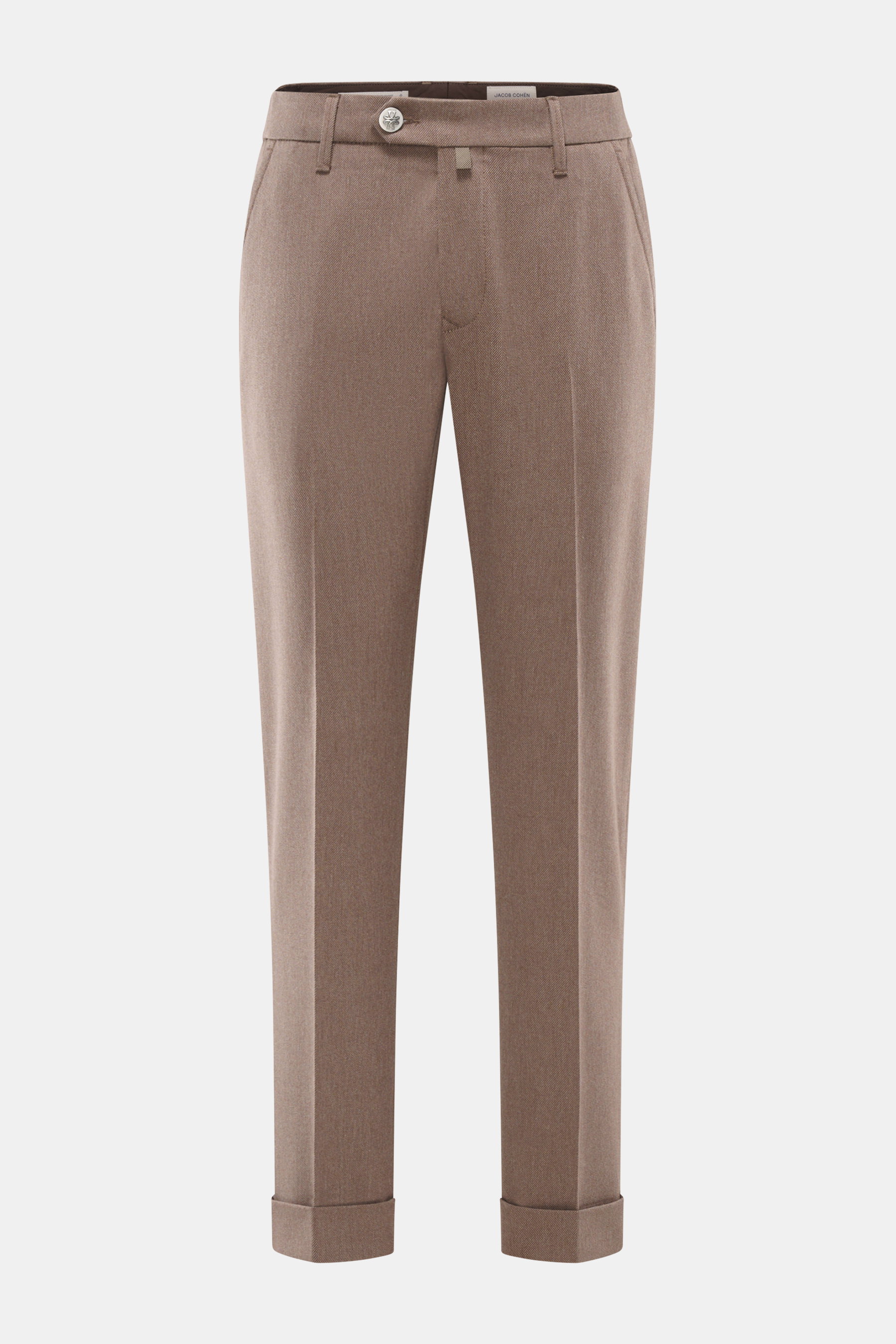 Front view of Jacob Cohen Trousers 'Jannik' taupe melange in a slim tapered cut, made of cotton and virgin wool, featuring zipper, button, elastic waistband inserts, French pockets, piped coin and back pockets, and a small calfskin patch. Precise Italian 