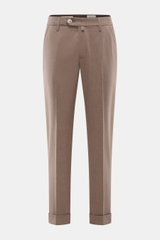 Front view of Jacob Cohen Trousers 'Jannik' taupe melange in a slim tapered cut, made of cotton and virgin wool, featuring zipper, button, elastic waistband inserts, French pockets, piped coin and back pockets, and a small calfskin patch. Precise Italian 