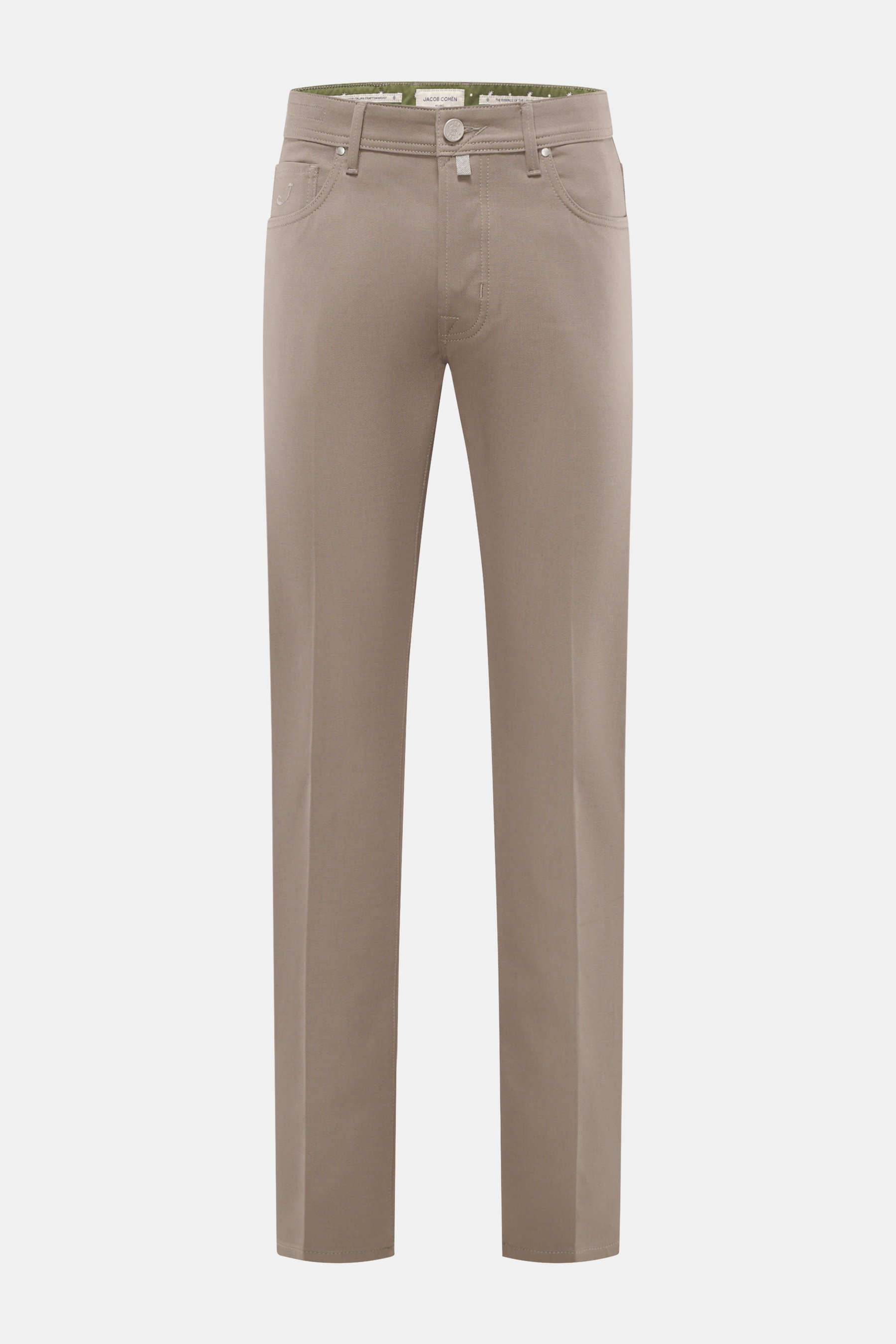 Front view of Jacob Cohen Chino 'Bard' taupe slim fit pants with button fly, five-pocket style, and fine suede leather patch.

Description: <p>Modern luxury for everyday wear: The premium chino 'Bard' by JACOB COHEN combines a slim cut with high wearing c