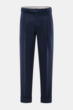 Front view of PT Torino Cotton trousers 'Carrot Fit' navy, twill pure cotton, heavy slightly elastic, soft touch, carrot fit, regular thigh, ankle-length, tapered, zipper, waistband buttons, extended button tab, small watch pocket, double waistband pleat,