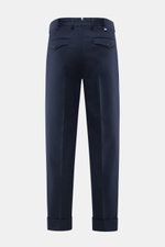 PT Torino Cotton trousers 'Carrot Fit' navy shown from the back, twill pure cotton, heavy slightly elastic, soft touch, carrot/tapered fit, regular thigh, ankle-length, slightly tapered, zipper and waistband buttons, extended button tab, small watch pocke
