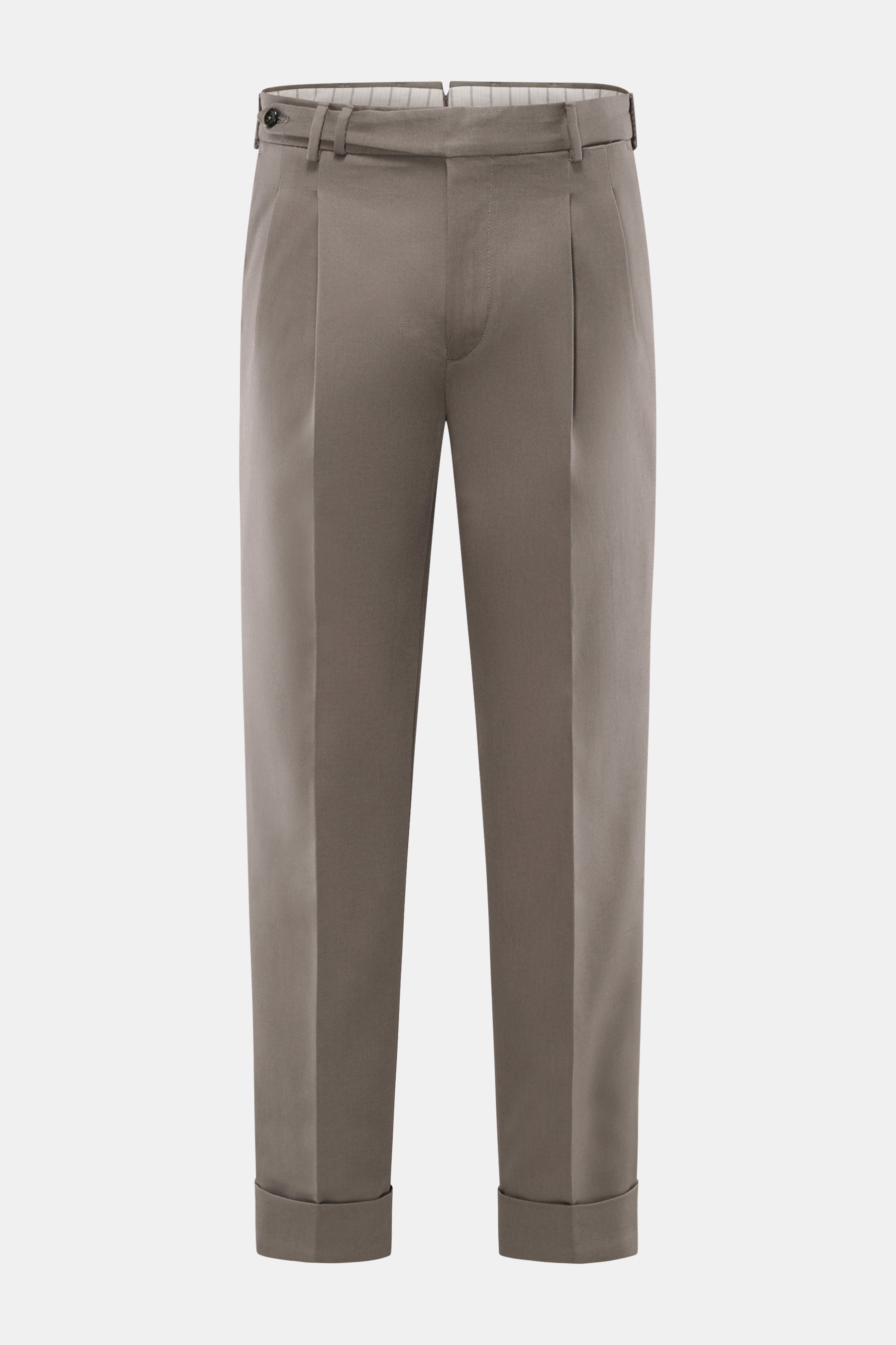 Frontansicht der PT Torino Baumwollhose 'Carrot Fit' graubraun aus Twill, mit schwerer, leicht elastischer Baumwolle, weichem Griff, Reißverschluss, Bundknöpfen, Carrot Fit, regulärer Oberschenkelweite, knöchellang, fixiertem Saumaufschlag, doppelter Bund