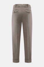 Rear view of PT Torino Cotton trousers 'Carrot Fit' grey brown in twill pure cotton, heavy, slightly elastic, soft touch, carrot fit, regular thigh, ankle-length, tapered, zipper and waistband buttons, extended button tab, small watch pocket, double waist