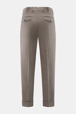 Rear view of PT Torino Cotton trousers 'Carrot Fit' grey brown in twill pure cotton, heavy, slightly elastic, soft touch, carrot fit, regular thigh, ankle-length, tapered, zipper and waistband buttons, extended button tab, small watch pocket, double waist