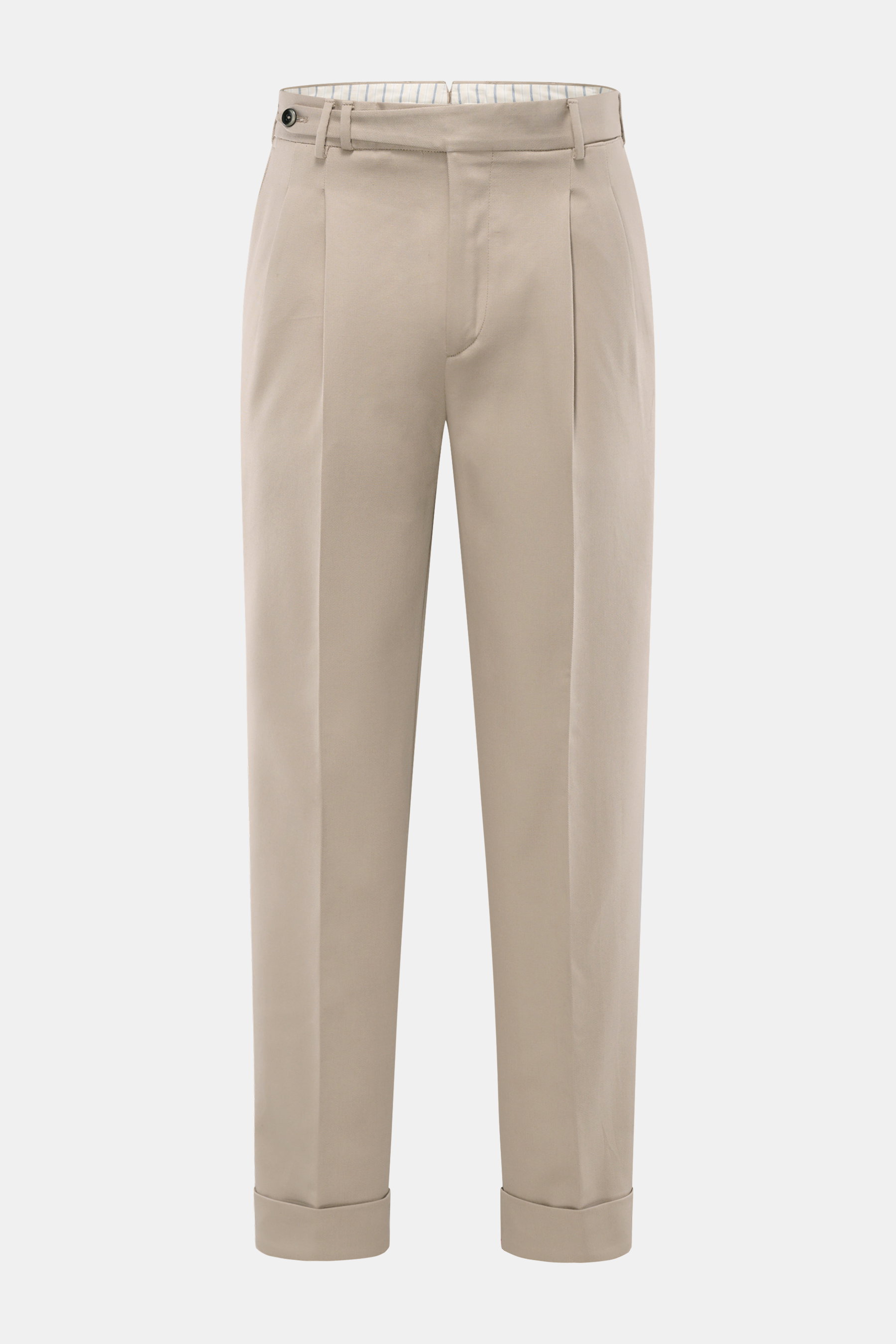 PT Torino Baumwollhose 'Carrot Fit' beige, frontale Ansicht, Twill aus reiner Baumwolle, schwere, leicht elastische Qualität, weicher Griff, reguläre Oberschenkelweite, knöchellang, leicht schmal zulaufend, Reißverschluss mit Bundknöpfen, verlängerter Kno