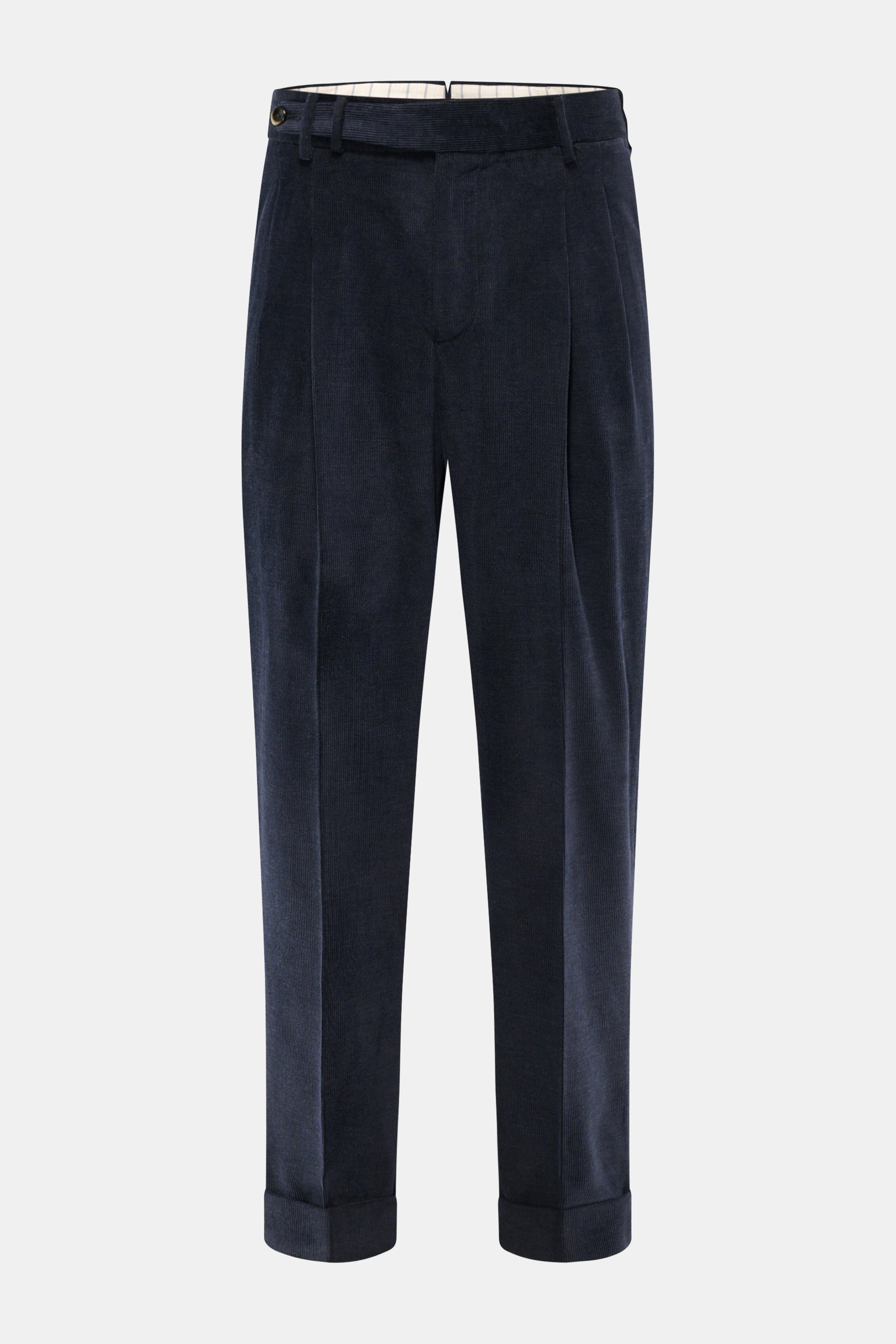 Vorderansicht der PT Torino Cordhose 'Carrot Fit' navy aus softem Baumwoll-Cord, knöchellang, schmal zulaufend mit Reißverschluss, Bundknöpfen, Uhren- und Gesäßtaschen.
