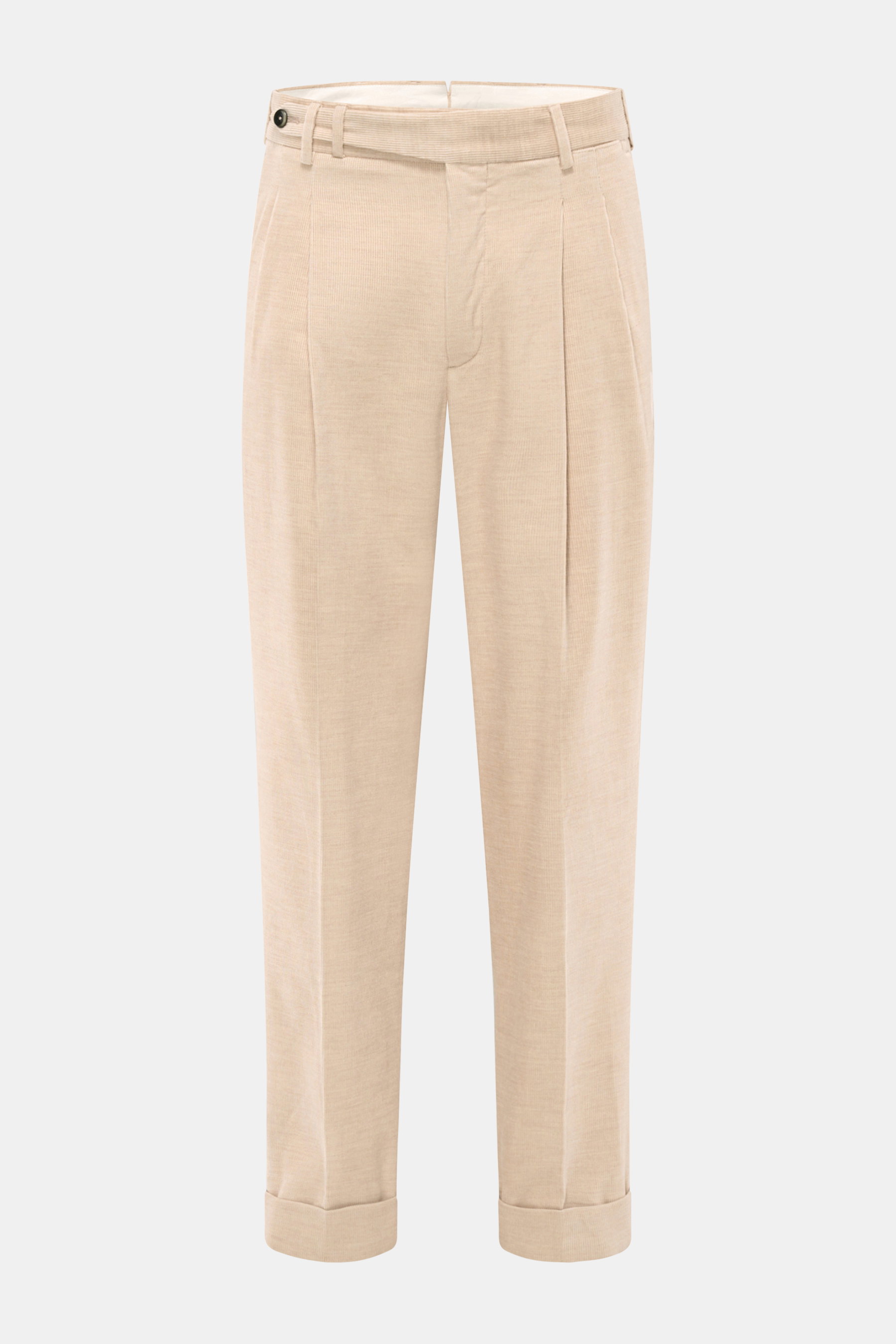 PT Torino Cordhose 'Carrot Fit' beige aus Baumwoll-Cord, knöchellang, schmal zulaufend, mit Bundknöpfen, doppelter Bundfalte, Uhrentasche, französischen Taschen, Patten-Gesäßtaschen, fixiertem Saumaufschlag, frontal fotografiert.