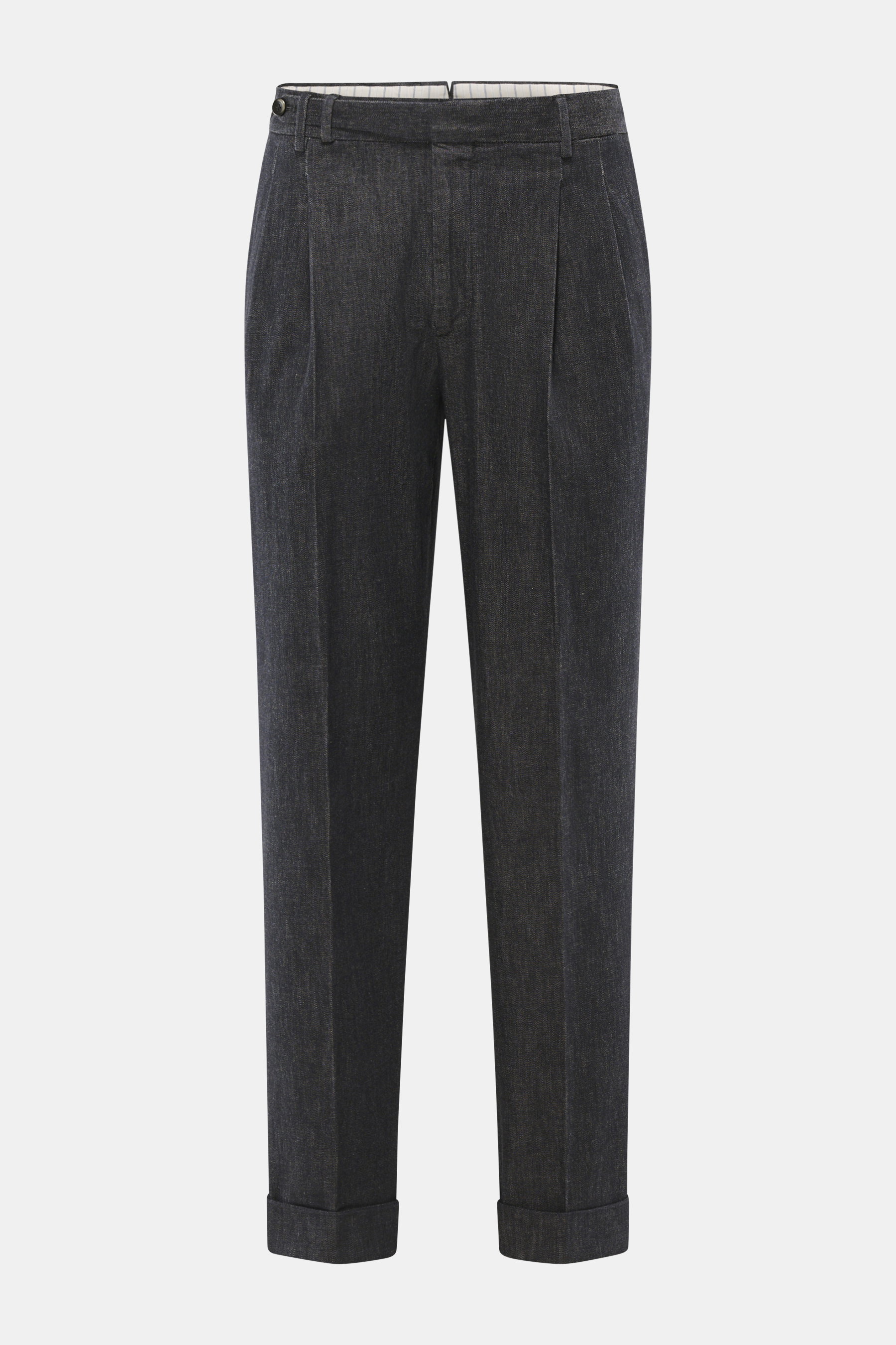 Front view of PT Torino Jeans 'Rebel Fit' dark navy melange, ankle-length tapered fit with cotton-cashmere blend, zipper, waistband hook, French pockets, double pleat, back flap pockets with button, small metal initial, fixed hem cuff, slightly textured a