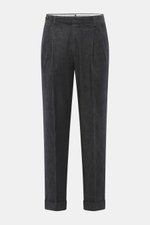 Front view of PT Torino Jeans 'Rebel Fit' dark navy melange, ankle-length tapered fit with cotton-cashmere blend, zipper, waistband hook, French pockets, double pleat, back flap pockets with button, small metal initial, fixed hem cuff, slightly textured a