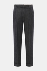 Front view of PT Torino Jeans 'Rebel Fit' dark navy melange, ankle-length tapered fit with cotton-cashmere blend, zipper, waistband hook, French pockets, double pleat, back flap pockets with button, small metal initial, fixed hem cuff, slightly textured a