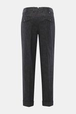 Back view of PT Torino Jeans 'Rebel Fit' dark navy melange, slightly textured cotton-cashmere blend with tapered fit, ankle-length, buttoned back pockets, double waistband pleat, fixed hem cuff, and small metal initial, shown from waist to cuff. With PT T
