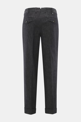 Back view of PT Torino Jeans 'Rebel Fit' dark navy melange, slightly textured cotton-cashmere blend with tapered fit, ankle-length, buttoned back pockets, double waistband pleat, fixed hem cuff, and small metal initial, shown from waist to cuff. With PT T