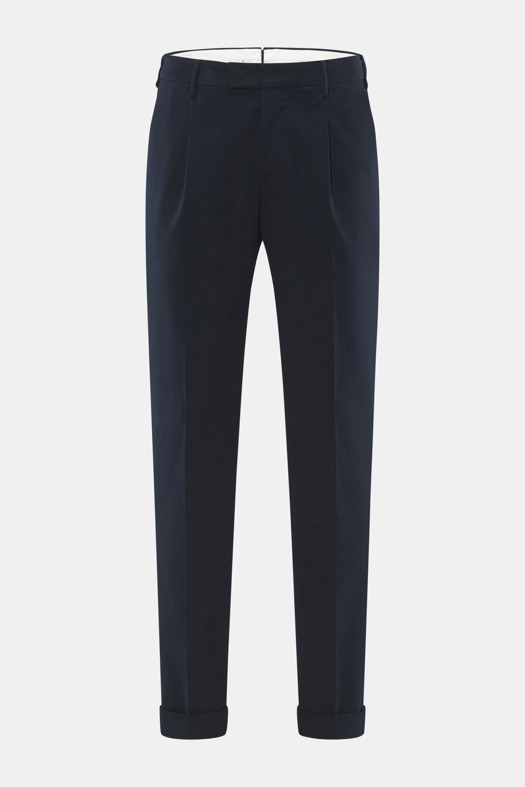 Frontansicht der PT Torino Chino 'Master Fit' navy, elegante Baumwoll-Cashmere-Hose mit fixiertem Saumaufschlag und schmal zulaufendem Bein.