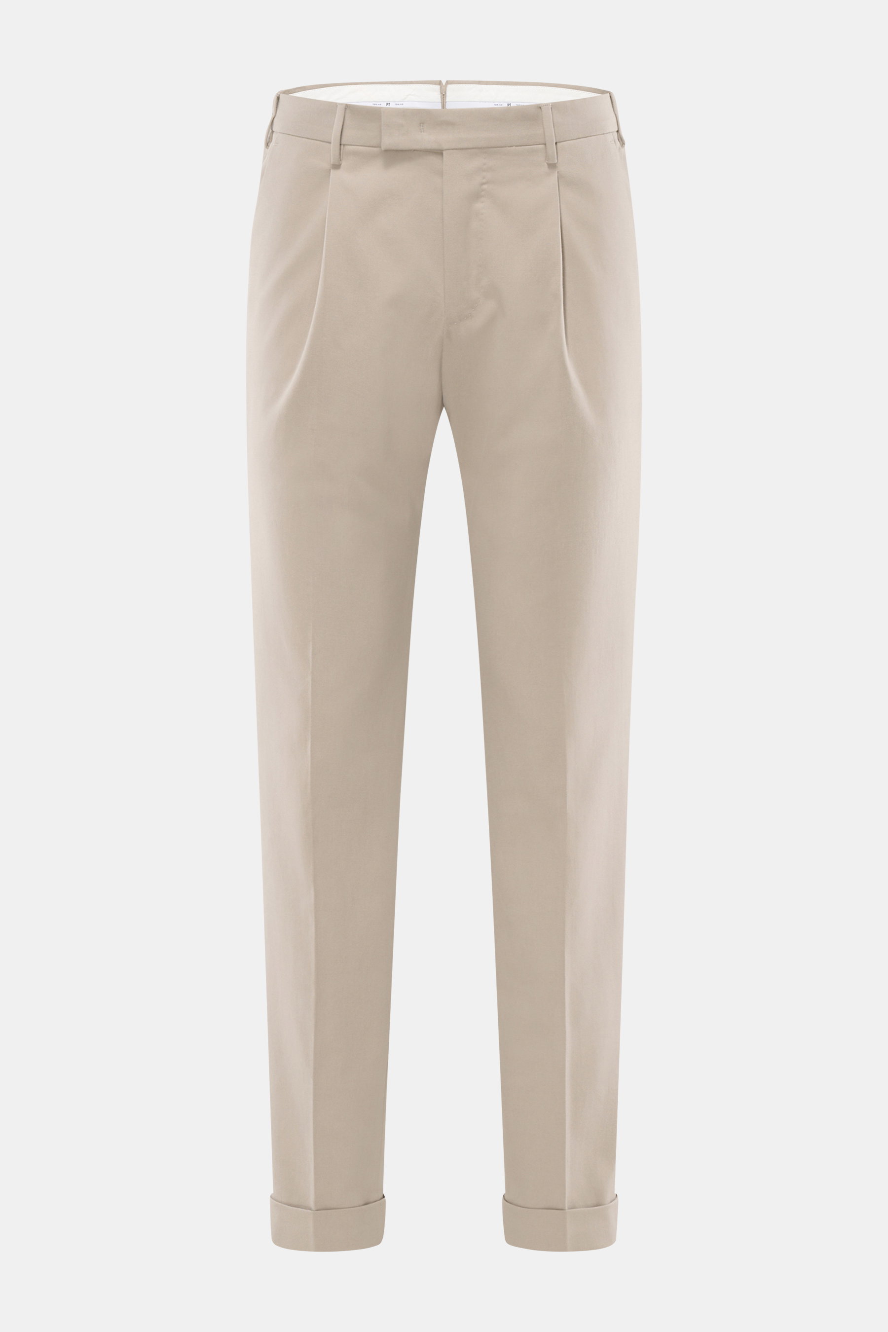 PT Torino Chino 'Master Fit' taupe in Frontansicht, Regular Fit, Twill mit Cashmere, Stretch, Saumaufschlag, Bundfalte, französische Taschen.
