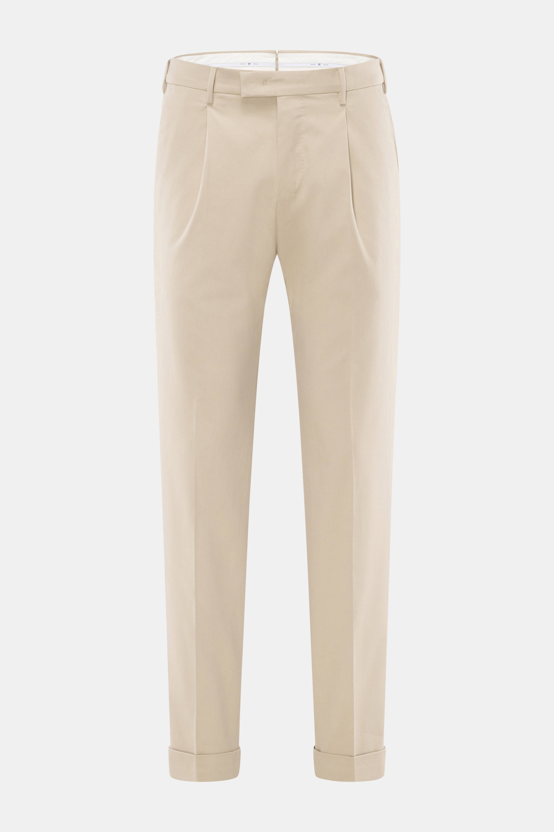 PT Torino Chino 'Master Fit' beige, Frontansicht, Baumwoll-Cashmere-Twill, Regular Fit, schmal, fixierter Saumaufschlag, Bundfalte, Taschen.