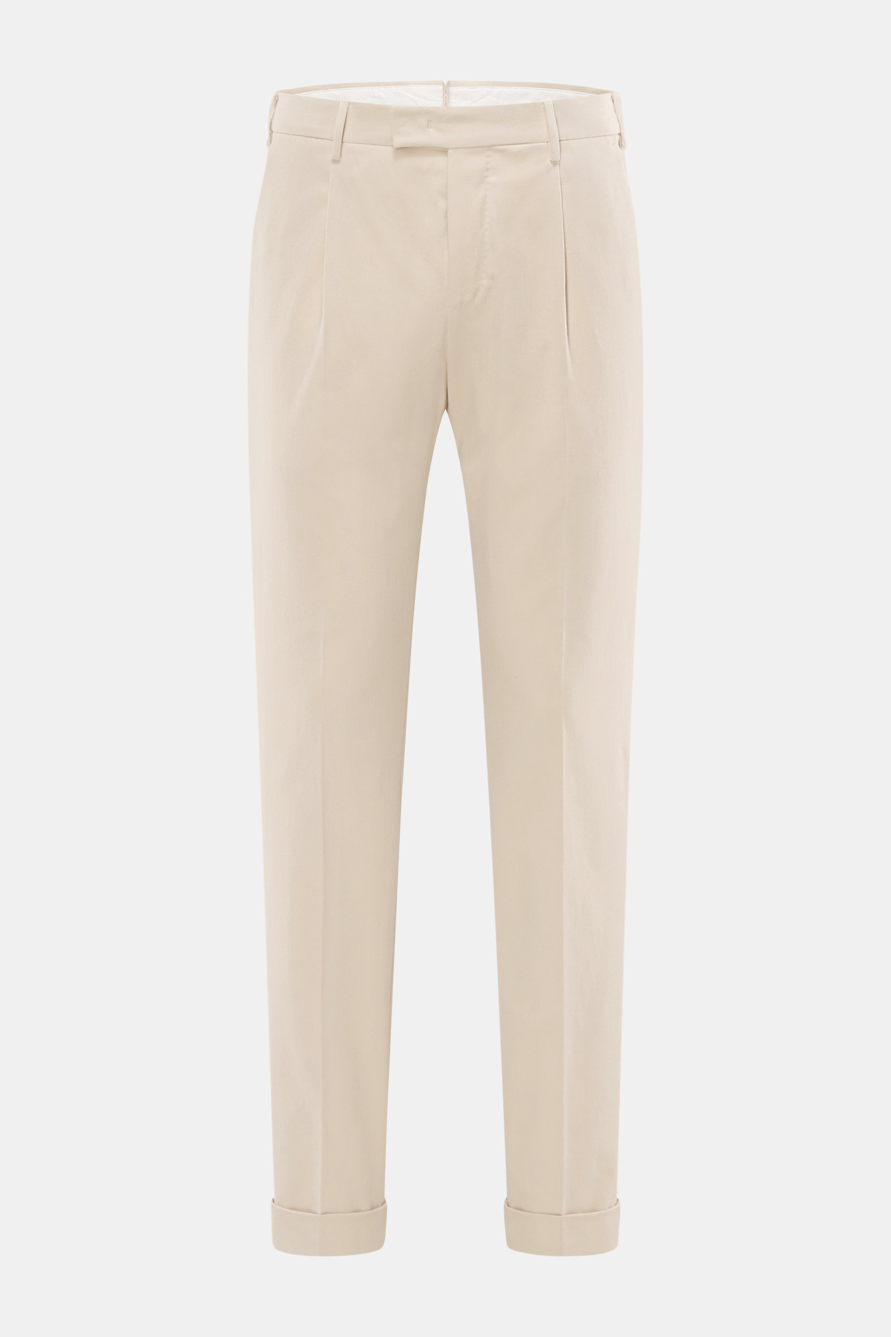 PT Torino Chino 'Master Fit' sand, frontale Ansicht, feiner Baumwoll-Twill mit Cashmere, Regular Fit, schmal zulaufend, fixierter Saumaufschlag, Bundfalte.