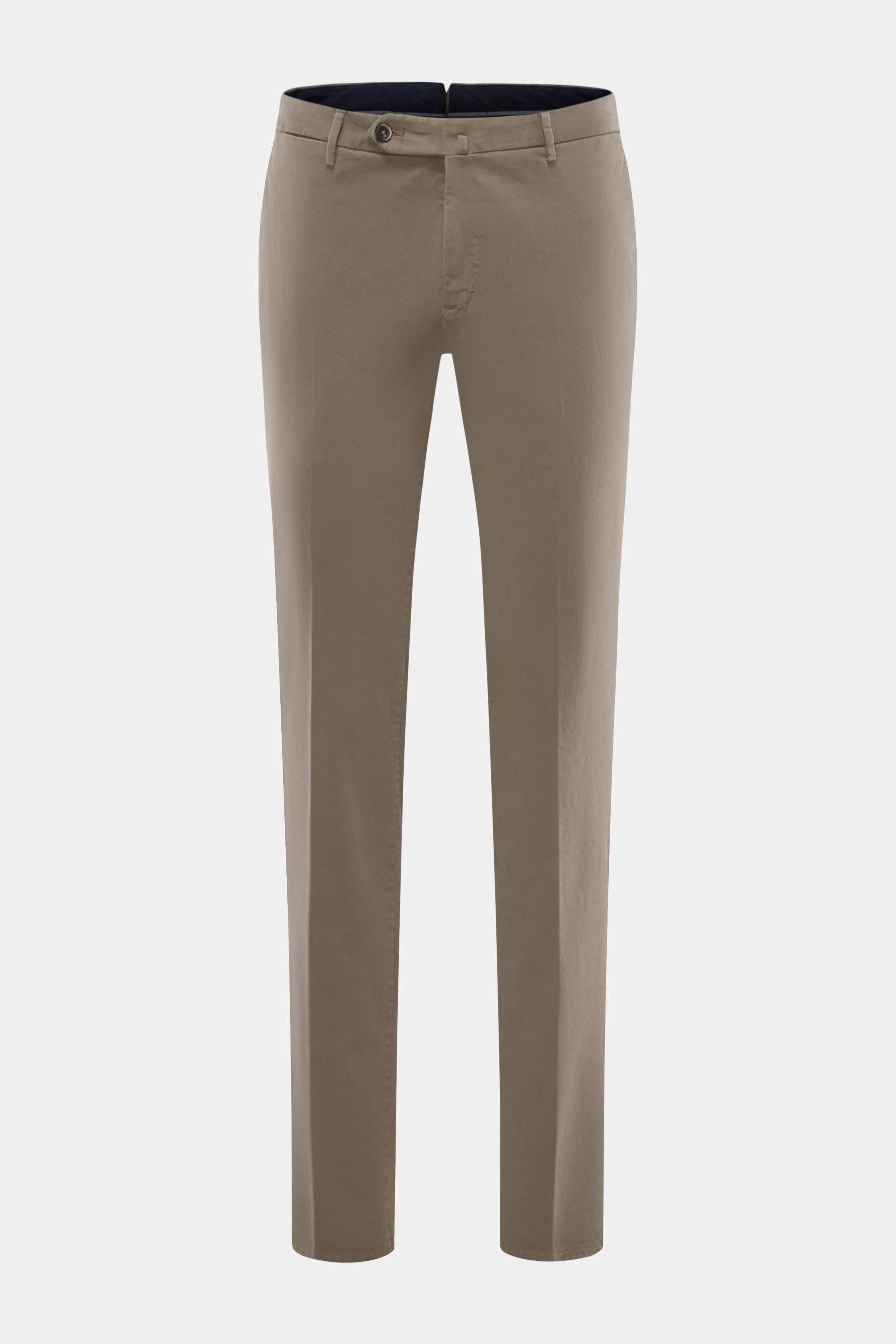 Front view of PT Torino Chino 'Slim Fit' gray cotton twill pants with light stretch, soft feel, slim tapered fit, zipper and button waistband, French pockets, watch pocket, and welt back pockets with button.