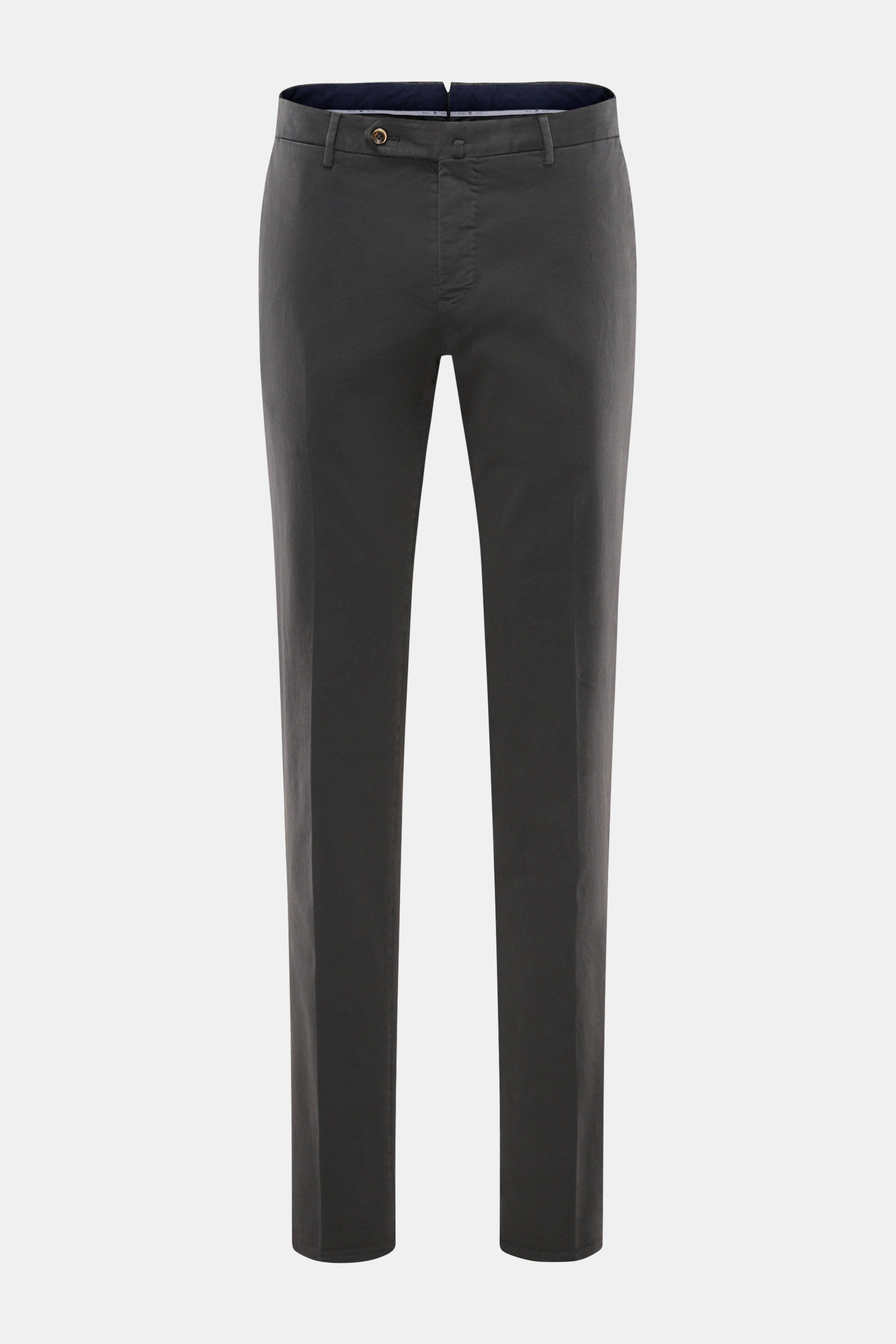 PT Torino Chino 'Slim Fit' dark gray photographed front view, classic cotton twill with light stretch, soft touch, slim fit, zipper and waistband buttons, French pockets, small watch pocket, welted back pockets with button. For this chino, PT TORINO choos