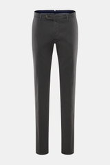 PT Torino Chino 'Slim Fit' dark gray photographed front view, classic cotton twill with light stretch, soft touch, slim fit, zipper and waistband buttons, French pockets, small watch pocket, welted back pockets with button. For this chino, PT TORINO choos