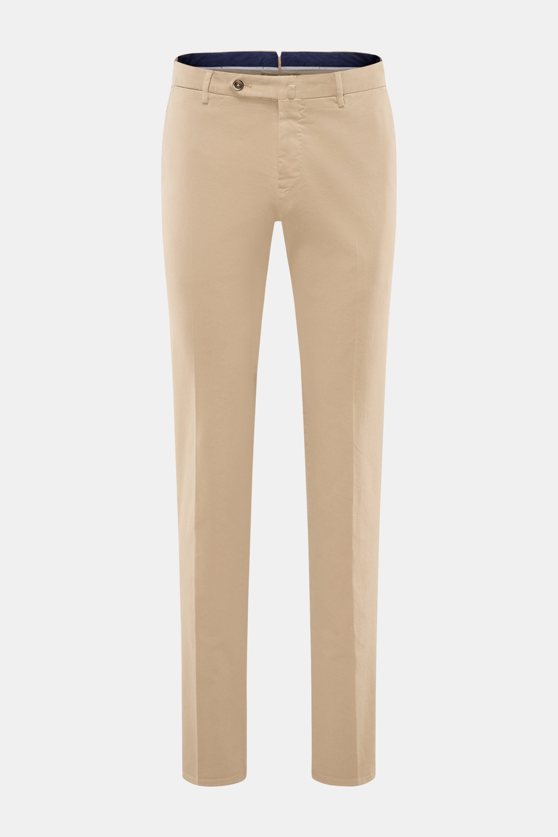 PT Torino Chino 'Slim Fit' beige shown from the front in classic cotton twill with light stretch, soft touch, zipper/button closure, French pockets, small watch pocket, and welted back pockets with button, ideal for versatile office looks.
