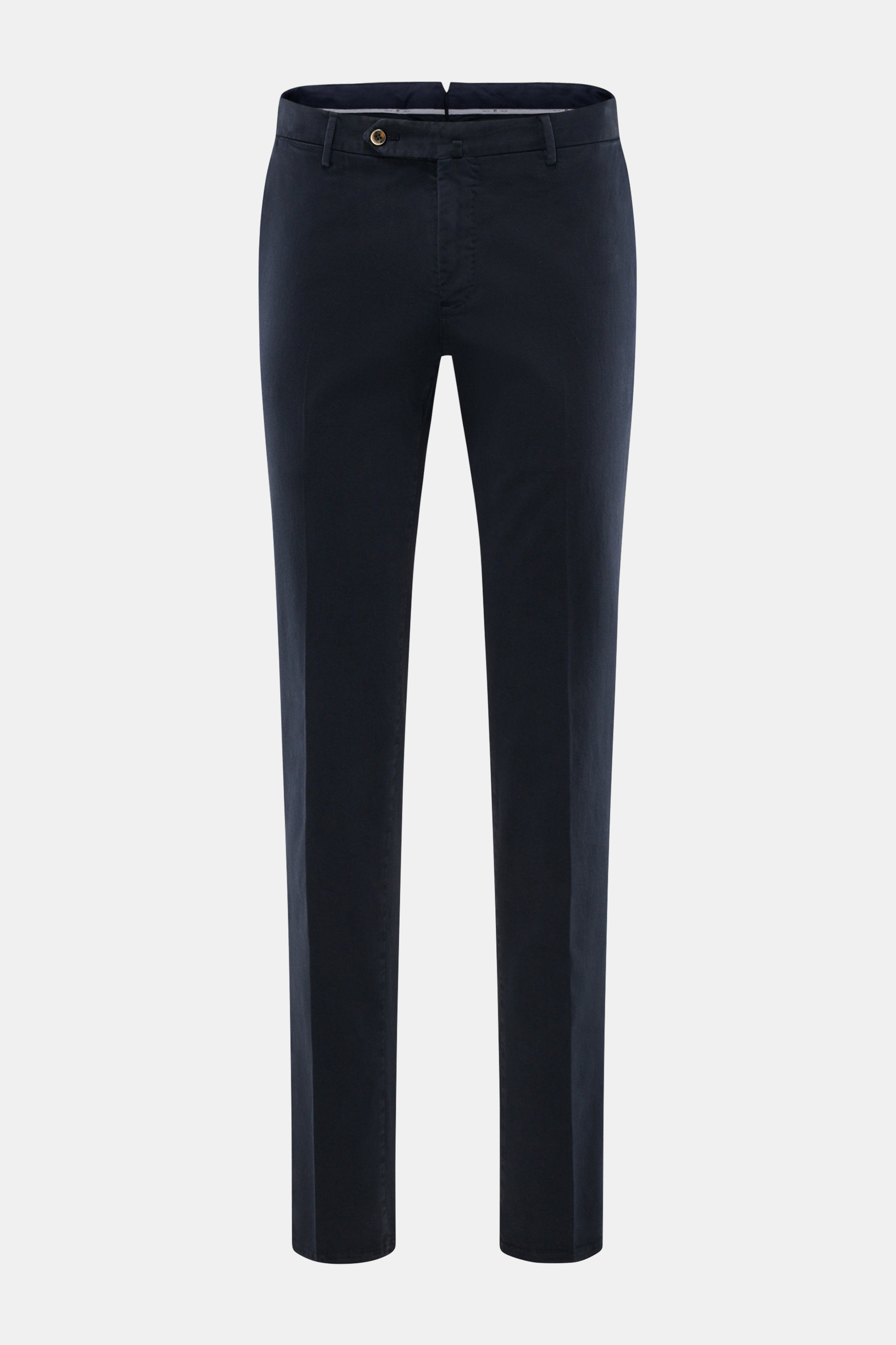 Front view of PT Torino Chino 'Slim Fit' navy in classic cotton twill with light stretch, soft touch, zipper, waistband buttons, French pockets, watch pocket, piped buttoned back pockets, perfect for versatile office looks.