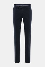 Front view of PT Torino Chino 'Slim Fit' navy in classic cotton twill with light stretch, soft touch, zipper, waistband buttons, French pockets, watch pocket, piped buttoned back pockets, perfect for versatile office looks.