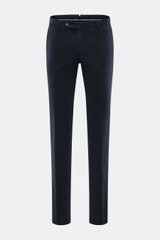 Front view of PT Torino Chino 'Slim Fit' navy in classic cotton twill with light stretch, soft touch, zipper, waistband buttons, French pockets, watch pocket, piped buttoned back pockets, perfect for versatile office looks.