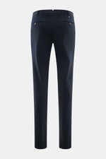 PT Torino Chino 'Slim Fit' navy shown from the back, made of soft cotton twill with light stretch, zipper, waistband buttons, French pockets, small watch pocket, and piped buttoned back pockets, perfect for versatile office looks.