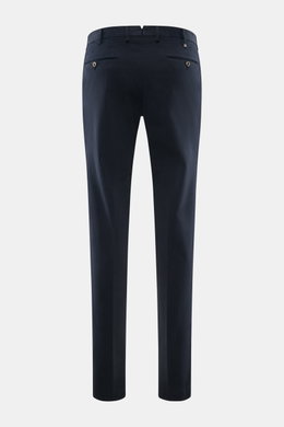 PT Torino Chino 'Slim Fit' navy shown from the back, made of soft cotton twill with light stretch, zipper, waistband buttons, French pockets, small watch pocket, and piped buttoned back pockets, perfect for versatile office looks.