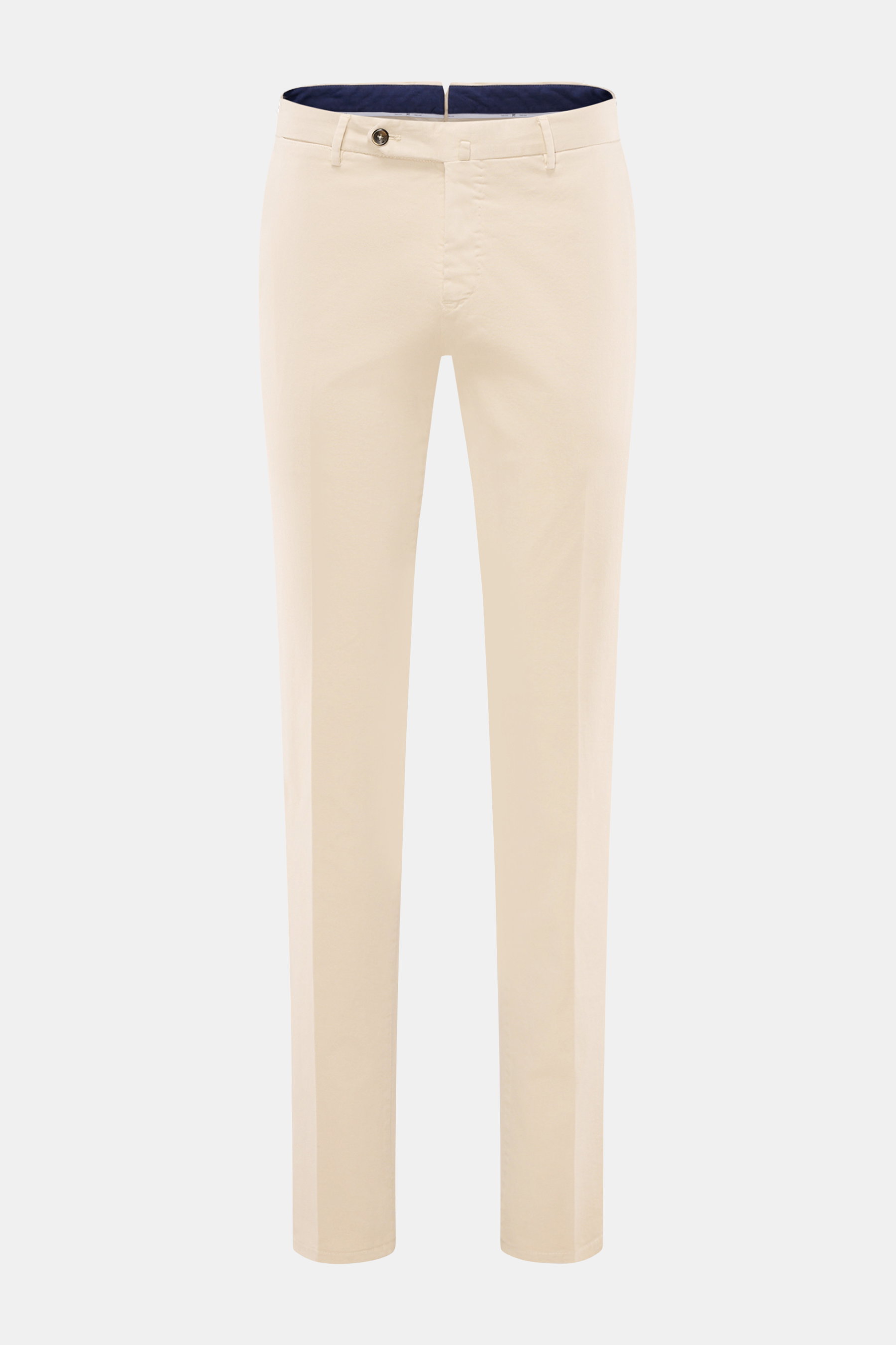 Front view of PT Torino Chino 'Slim Fit' sand pants in classic soft cotton twill with light stretch, featuring zipper, buttons, French pockets, watch pocket, and welted back pockets. For this chino, PT TORINO chooses classic cotton twill in a soft quality