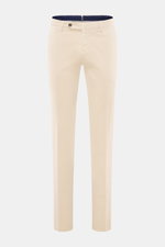Front view of PT Torino Chino 'Slim Fit' sand pants in classic soft cotton twill with light stretch, featuring zipper, buttons, French pockets, watch pocket, and welted back pockets. For this chino, PT TORINO chooses classic cotton twill in a soft quality